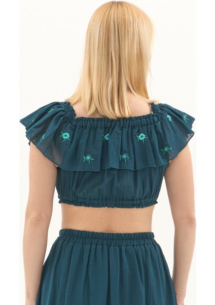 Petrol Vual Nakışlı Yazlık Crop Bluz indirimleri