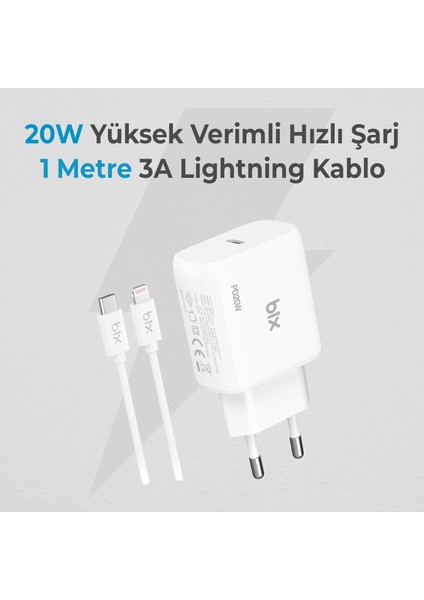 BX-CL20TA iPhone 12 / 13 / 14 Serisi ile Uyumlu 20W Hızlı Seyahat Şarj Cihazı & Lightning Kablo