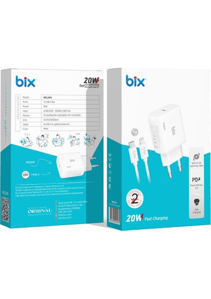 BX-CL20TA iPhone 12 / 13 / 14 Serisi ile Uyumlu 20W Hızlı Seyahat Şarj Cihazı & Lightning Kablo