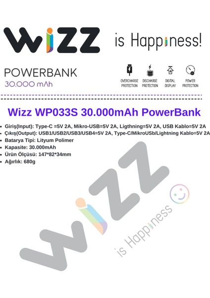 Wp033s 30.000mah 4xUSB Çıkışlı Dahili Kablolu Dijital Göstergeli Powerbank