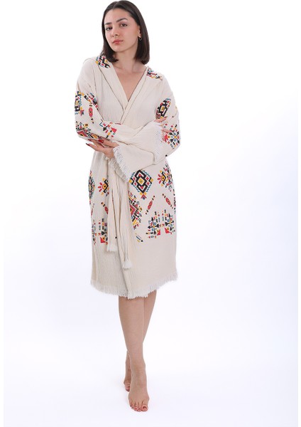 Reina Teks Peştemal Bornoz Pamuklu Etnik Kilim Desen 1 Adet Unisex Beachwear Müslin Kimono Kaftan