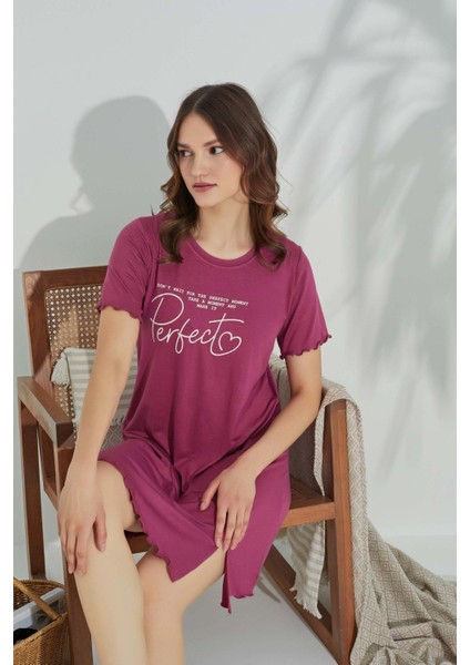 Kadın Pembe Bisiklet Yaka Kısa Fırfır Kol Viskon Yırtmaç Detaylı Mini Gecelik Elbise fiyatları