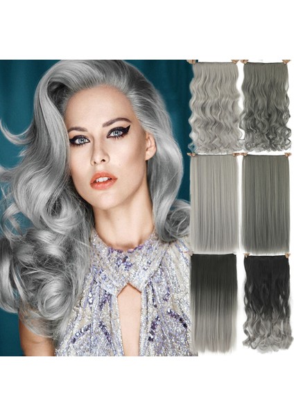 Nokta Peruk Büyükanne Gri Beş Klip Saç Parçası Gümüş Gri Dikişsiz Saç Uzatma Siyah ve Gri Degrade Renk Saç Atkı (Yurt Dışından)