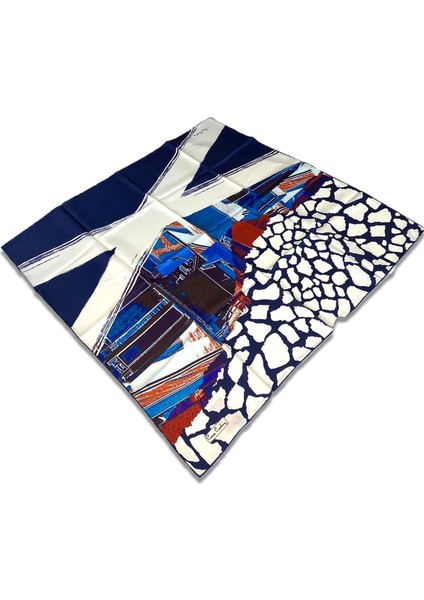 Lacivert - Beyaz Karma Desen Tivil İpek Eşarp 8418438 - 921