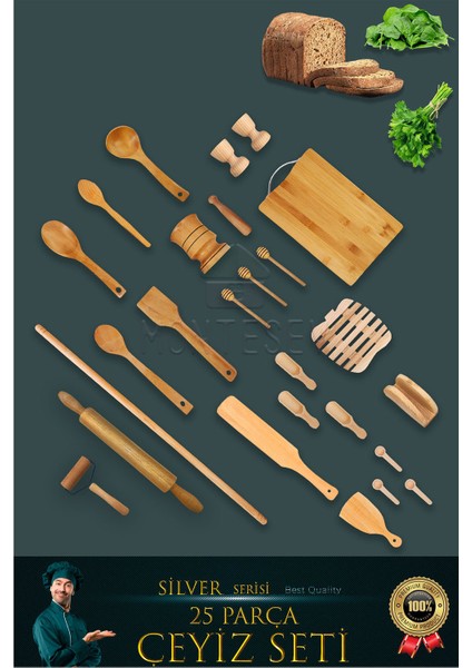 25 Li Ahşap Ağaç Tahta Kaşık Oklava Merdane Mutfak Bıçak Silver Serisi Çeyiz Seti Çyzst1