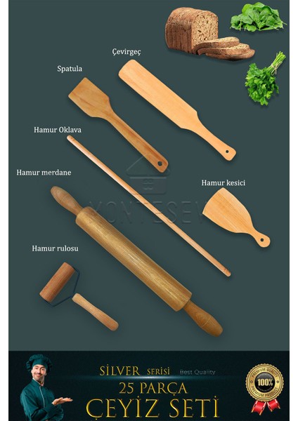 25 Li Ahşap Ağaç Tahta Kaşık Oklava Merdane Mutfak Bıçak Silver Serisi Çeyiz Seti Çyzst1 fiyatları
