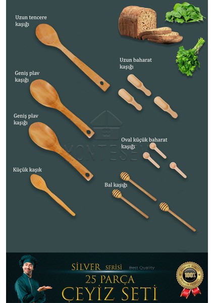 25 Li Ahşap Ağaç Tahta Kaşık Oklava Merdane Mutfak Bıçak Silver Serisi Çeyiz Seti Çyzst1 modelleri