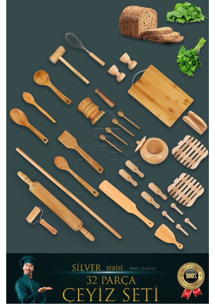 32 Li Ahşap Ağaç Tahta Kaşık Oklava Merdane Mutfak Bıçak Silver Serisi Çeyiz Seti Çyzst1