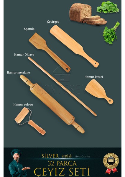 32 Li Ahşap Ağaç Tahta Kaşık Oklava Merdane Mutfak Bıçak Silver Serisi Çeyiz Seti Çyzst1 fiyatları