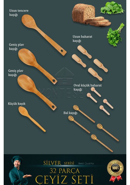 32 Li Ahşap Ağaç Tahta Kaşık Oklava Merdane Mutfak Bıçak Silver Serisi Çeyiz Seti Çyzst1 modelleri
