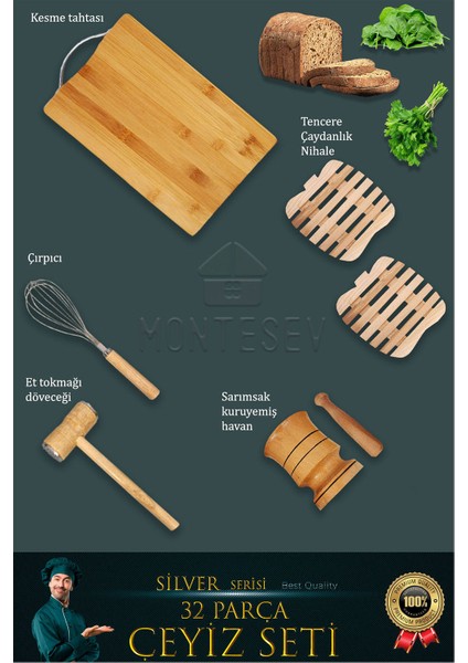 32 Li Ahşap Ağaç Tahta Kaşık Oklava Merdane Mutfak Bıçak Silver Serisi Çeyiz Seti Çyzst1 fırsatları