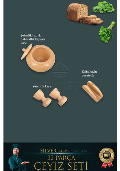 32 Li Ahşap Ağaç Tahta Kaşık Oklava Merdane Mutfak Bıçak Silver Serisi Çeyiz Seti Çyzst1 indirimleri
