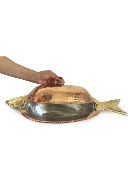Orkinos Kapaklı Balık Sunum Tabağı 50 Cm El Dövme Kırmızı Turna5833-1