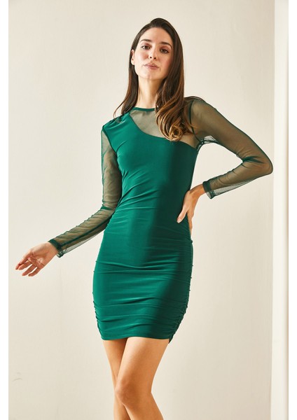 Zümrüt Yeşili Transparan Detaylı Drapeli Elbise 5YXK6-48478-44 fırsatları