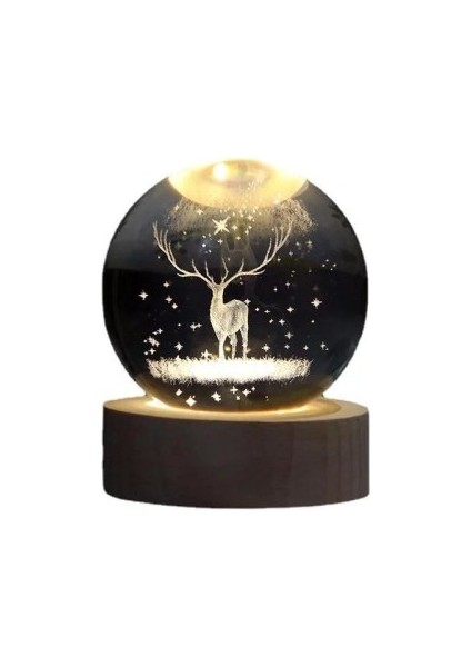 Dekoratif Geyik Tasarımlı Ahşap Altlıklı Işıklı Cam Küre Büyük Boy Cam:8cm Ahşap:2cm