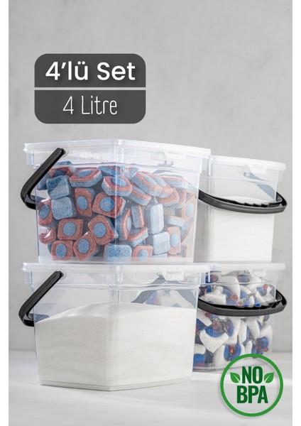 4lü 4 Litre Toz Tablet Deterjan Saklama Kabı - Deterjan Kutusu, Toz Tablet Deterjan Kabı Beyaz