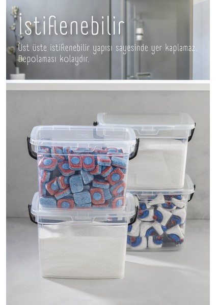 4lü 4 Litre Toz Tablet Deterjan Saklama Kabı - Deterjan Kutusu, Toz Tablet Deterjan Kabı Beyaz