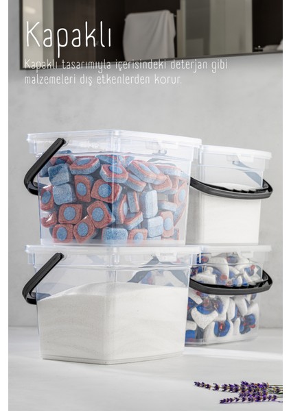 4lü 4 Litre Toz Tablet Deterjan Saklama Kabı - Deterjan Kutusu, Toz Tablet Deterjan Kabı Beyaz