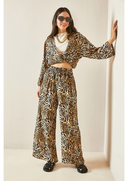 Bej Leopar Desenli Beli Lastikli Bol Paça Viskon Pantolon 5YXK5-48467-25
