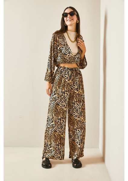 Bej Leopar Desenli Beli Lastikli Bol Paça Viskon Pantolon 5YXK5-48467-25