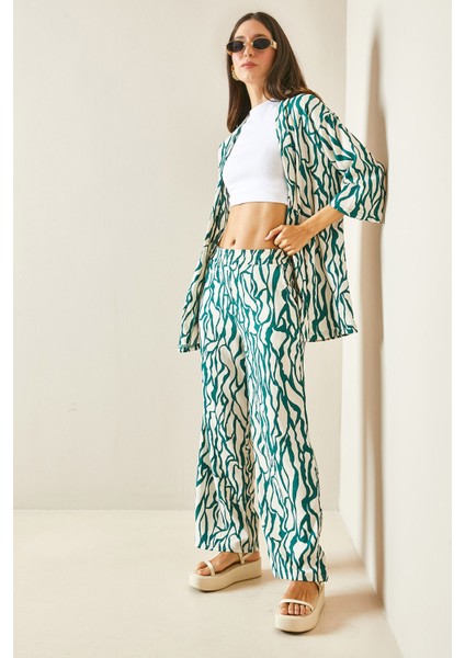 Yeşil Desenli & Dokulu Kimono Takım 5YXK8-48452-08