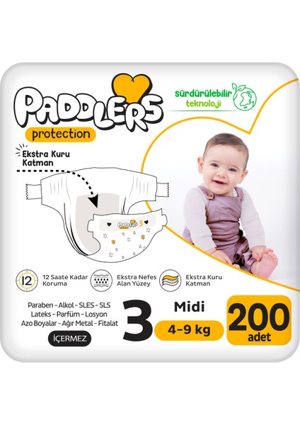 Protection Bebek Bezi 3 Numara Midi 200 Adet (4-9 Kg) Ekstra Jumbo Set