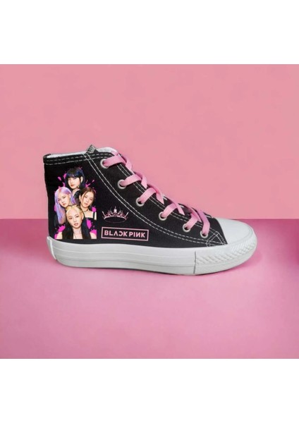 Blackpink Baskılı Old Taç Siyah Keten Çocuk Spor Ayakkabı Sneaker Okul Ayakkabısı