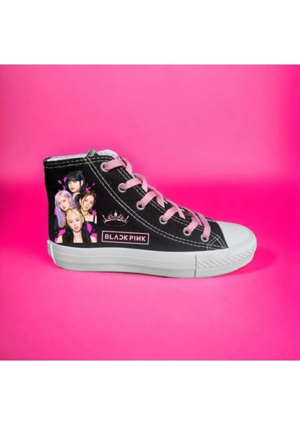 Blackpink Baskılı Old Taç Siyah Keten Çocuk Spor Ayakkabı Sneaker Okul Ayakkabısı