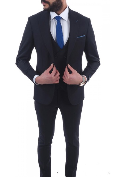 Slim Fit Sivri Yaka-Çift Yırtmaç Düz Lacivert Drop 6 Yelekli Takım Elbise