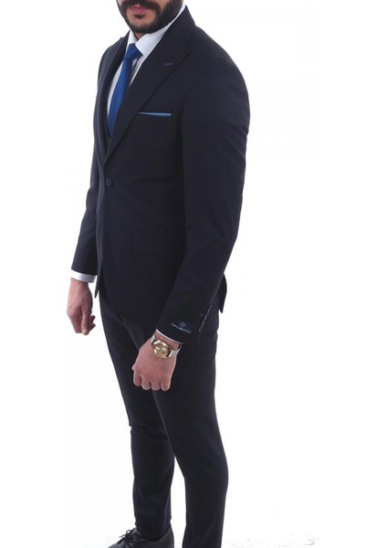 Slim Fit Sivri Yaka-Çift Yırtmaç Düz Lacivert Drop 6 Yelekli Takım Elbise