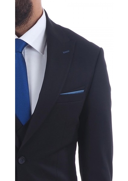 Slim Fit Sivri Yaka-Çift Yırtmaç Düz Lacivert Drop 6 Yelekli Takım Elbise