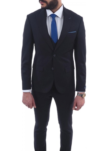 Slim Fit Sivri Yaka-Çift Yırtmaç Düz Lacivert Drop 6 Yelekli Takım Elbise
