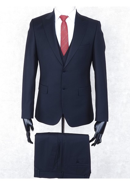 Slim Fit Sivri Yaka-Çift Yırtmaç Düz Lacivert Drop 6 Yelekli Takım Elbise