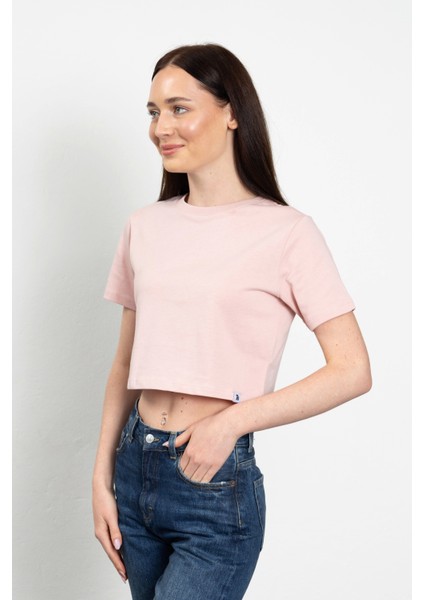 Bisiklet Yaka Likralı Kısa Kol Pembe Basic Crop T-Shirt