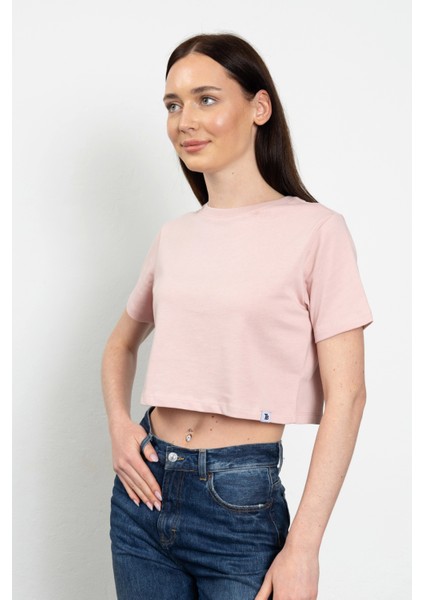 Bisiklet Yaka Likralı Kısa Kol Pembe Basic Crop T-Shirt