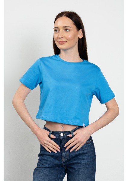 Bisiklet Yaka Likralı Kısa Kol Açık Mavi Basic Crop T-Shirt