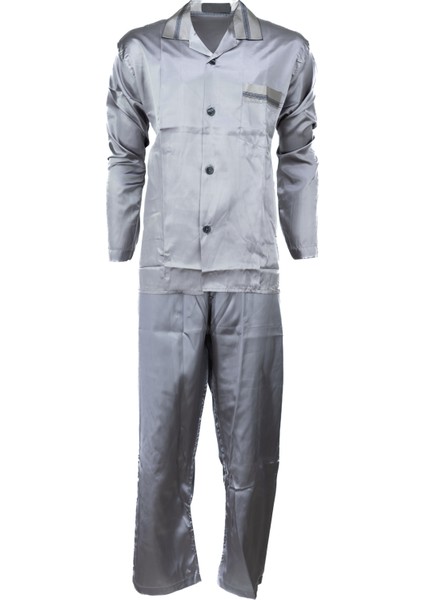 Erkek Klasik Model Pijama Takımı Ipeksi Saten Kumaş Şık Çizgili Cepli Tam Kalıp