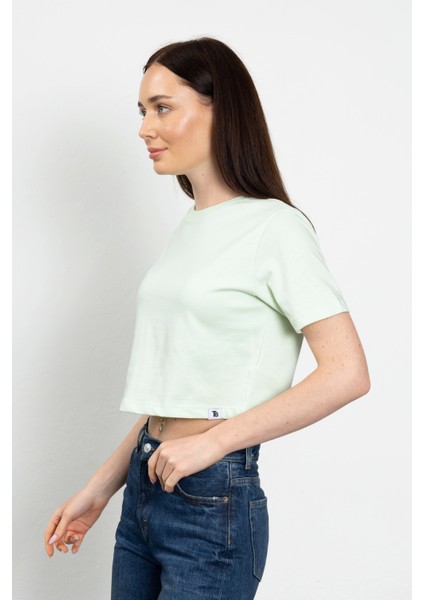 Bisiklet Yaka Likralı Kısa Kol Açık Yeşil Basic Crop T-Shirt