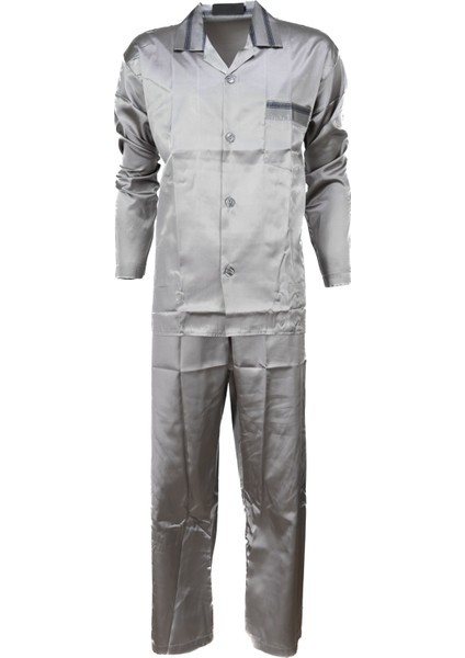 Erkek Klasik Model Pijama Takımı Ipeksi Saten Kumaş Şık Çizgili Cepli Tam Kalıp