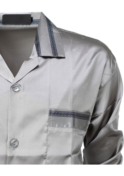 Erkek Klasik Model Pijama Takımı Ipeksi Saten Kumaş Şık Çizgili Cepli Tam Kalıp modelleri