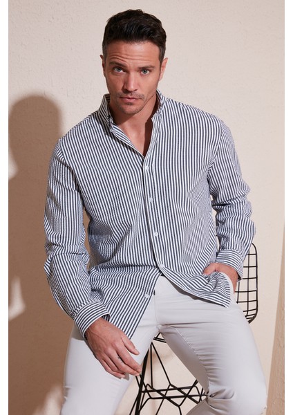 Pamuklu Çizgili Düğmeli Yaka Uzun Kollu Regular Fit Gömlek Erkek GÖMLEK CF23S112237