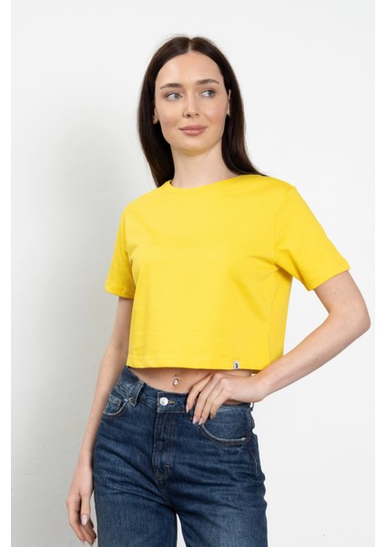 Bisiklet Yaka Likralı Kısa Kol Sarı Basic Crop T-Shirt