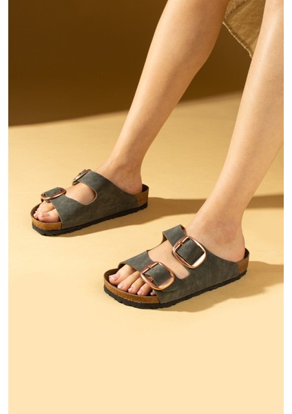 Rahat Taban Çift Gold Tokalı Kadın Terlik 65-81-24