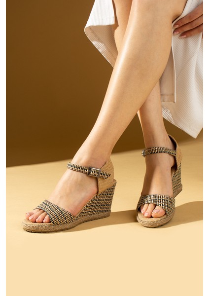 Tek Bant Önü Açık Dolgu Topuk Hasır Kadın Sandalet 69-72-24SIYAHHASIR modelleri