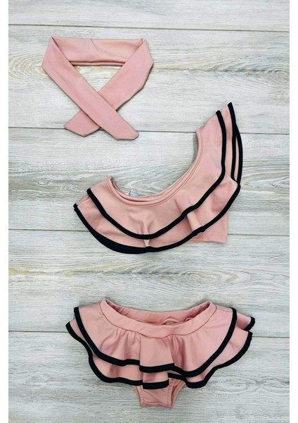 Yeni Sezon Tek Omuz Fırfırlı Bandanalı Cutout Dekolite Modelli Kız Çocuk Bikini Takımı