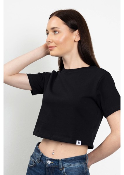 Bisiklet Yaka Likralı Kısa Kol Siyah Basic Crop T-Shirt