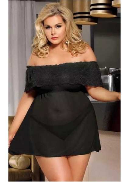 Mini Siyah Tül Dantel Büyük Beden Gecelik Xxl 2xl 3xl 4xl BG-5110