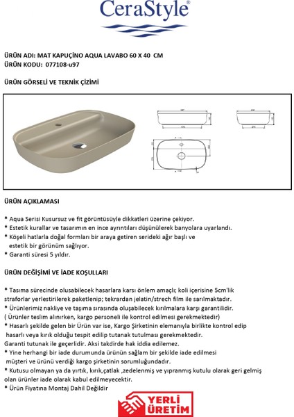 Turkuaz Seramik Mat Kapuçino Aqua 60 cm Lavabo