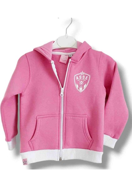 Kız Bebek Çocuk Baskılı Pembe Beyaz Kapşonlu Polar Ceket Hırka Içi Şardonlu