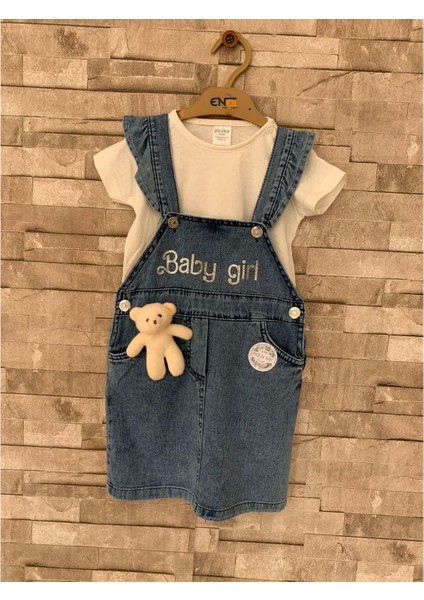 Enen Baby Baby Girl Askılı Kot Salopet Ayıcık Oyuncaklı  Kız Çocuk Bebek Giyim -ENEN0001113 - Ekru - 9-12 Ay